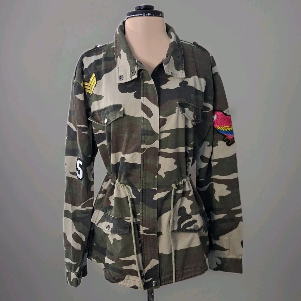 Muche & Muchette Womens OS Camouflage Parachute Jacket Parrot Patch Utility Coat